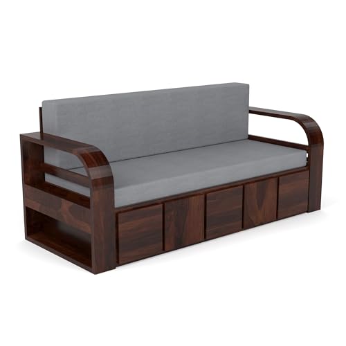 Image of Mamta Furniture Sheesham Wood Sofa Cum Bed with Storage for Living Room Bedroom | Wooden Diwan Sofa Set with Grey Mattress | Solid Wood Sofa Bed in Walnut Finish
