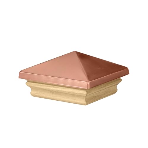 WADDELL Post Caps for 4x4 Nominal Posts (Copper Pyramid w/Pine Base) | Pressure Treated Weather Resistant Unfinished Pine Wood Post Topper | DIY Outdoor Decor for Porch Deck Fence Mailbox Lamp