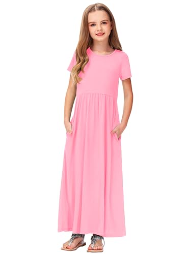 Image of Deerose Girls Maxi Dress Short Sleeve Casual Long Dresses with Pockets 5-14 Years