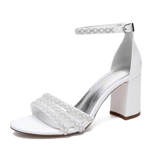 Image of White Women's Block Heel Sandal, Open Toe, Ankle Strap, Pearl Wedding Shoes for Bride, Bridesmaids, Mother of the Bride, Prom, Evening, Cocktail, Ball Gown