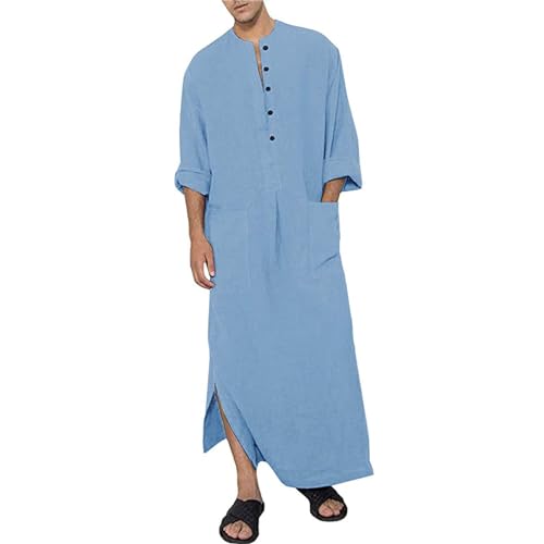 Men's Kaftan Thobe Linen Long Sleeve Solid Muslim Robe Button Up Side Split Kaftan Thobe with Pockets