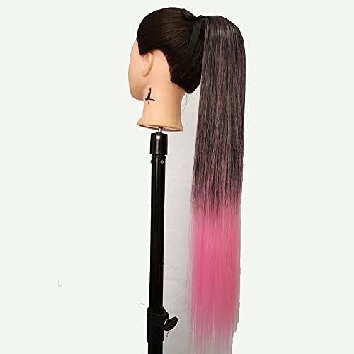 Sylhair Long Straight Ponytail Extension 24 Inch Tie Up Hair Extension Gradient Wrap Around Ponytail Heat Resistant Synthetic Ponytail for Women(Black Gradient Cherry Pink)