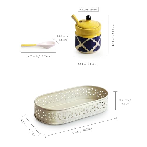 Image of ExclusiveLane 'Moroccan' Ceramic Pickle Jars For Dining Table Ceramic Container With Spoons & Iron Tray (Non Air-Tight, Set Of 2, 280 ml) Jars For Kitchen Storage Pickle Jar For Storage,Multicolor