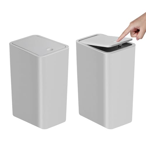 Image of TIPGO Bathroom Trash Can with Lid, 10 Liter / 2.6 Gallon Slim Garbage Can, Small Trash Bin Waste Basket with Pop-Up Lid for Kitchen, Bedroom, Living Room, Office (2 Pack, Grey)