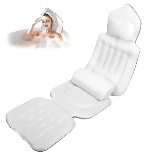 Badewannenkissen mit EXTRA Lendenkissen · 144 Saugnäpfe (12x mehr Halt!) · 4D Weiches Badekissen Set mit Kopfstütze & Abnehmbarem Zusatzkissen · 133x41 cm · Inkl. Waschbeutel (White)