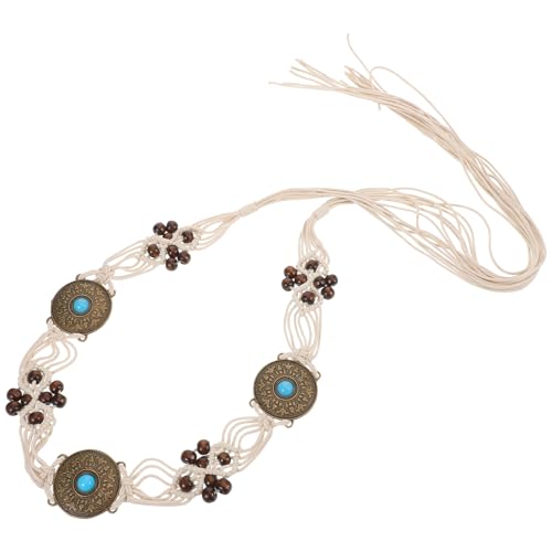LUOZZY 2pcs Boho Braided Rope Waist Belt Vintage Western Hand-woven Beaded Tassel Tie for Dresses Skirts and Casual Outfits Beige3