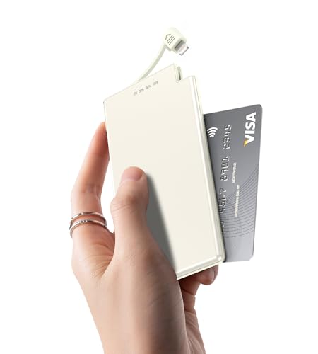 Auskang 5000mAh Power Bank with built-in Charging Cable, Ultra Slim and Super Lightweight Portable Charger Small External Battery, Compatible with iphone (Excluding iPhone 15 series)- White