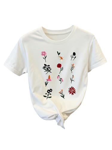 Image of RoseSeek Women's Bow Print Short Sleeve Round Neck Oversized Tops Basic Loose Fit Drop Shoulder Tees for Summer
