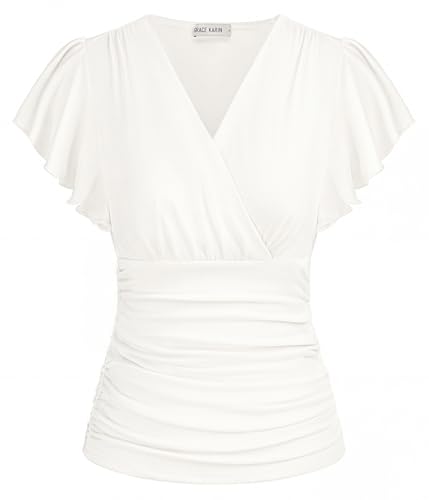 GRACE KARIN Damen Rüschen Bluse V-Ausschnitt Kurzarm Oberteile Elegant Plissee-Top Slim Fit Wickelbluse Elfenbeinweiß S