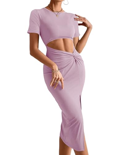 Image of Rooscier Women's Twist Cutout Waist Split Crewneck Short Sleeve Bodycon Midi Dress