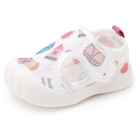 RVROVIC Boys Girls Summer Athletic Sandals Closed-Toe Breathable Mesh Slip-on Flats Lightweight Beach Water Shoes for Toddler(3.5 M US Toddler,1-White+Pink) Cover