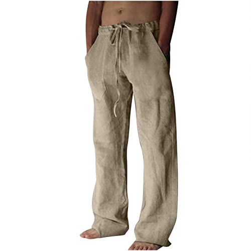 2024 Male Linen Trousers, Long Baggy Jogging Bottoms with Pockets, Cargo Trousers, Regular Straight House Trousers, Plain Drawstring, Hiking Trousers, Holiday, Outdoor, Work Trousers, Cotton, Wide