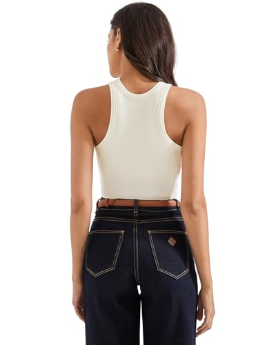 SUUKSESS Women Padded Cotton Ribbed Tank Tops 2025 Sleeveless High Neck Racerback Basic Tops(Cream White, M)4