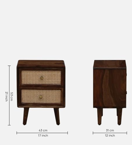 Image of MISAN Boston Solid Wood Bedside Table with Rattan Drawers Mid Century Night Stand for Living Room, Bedroom (SA - Brown)