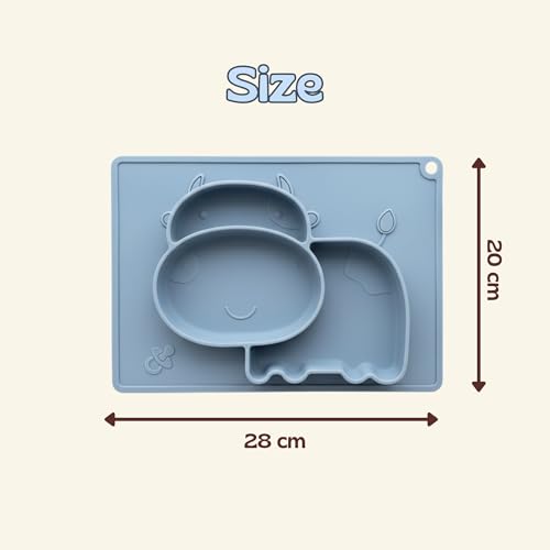 Image of TCK Silicone Baby Meal Plate Set with Spoon & Fork | Hippo Shaped | Blueberry Colour | 3 Section Divided Plate for Toddlers | Food Grade Kids Feeding Set | Microwave Dishwasher Safe