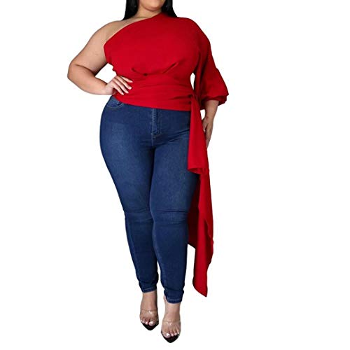 Womens Plus Size High Low Dress - Fashion Elegant Asymmetrical Irregular Hem Ruffle Peplum Top Tunics Maxi Shirt Dress Red 2XL