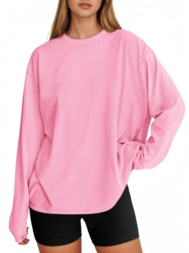 Tankaneo Womens Long Sleeve Oversized T Shirts Basic Crewneck Workout Tee Tops 2026 Fall Loose Fit Casual Y2K Clothes Pink