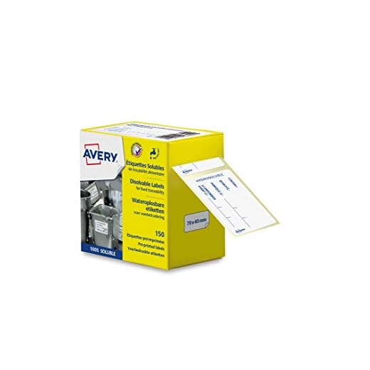 AVERY - Rol met 150 in water oplosbare etiketten voor traceerbaarheid van levensmiddelen, voorgedrukt, voor restaurant of thuis, 70 x 40 mm