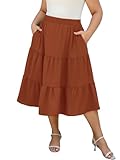 Younrui Women's Brown Boho Midi Skirt Plus Size 2025 with Pockets Crinkle Fabric Elastic Waist Casual Summer Skirts(4XL-1045-Brown)
