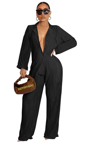KEYUFANG Women 2 Piece Pleated Outfits Trendy Long Sleeve Button