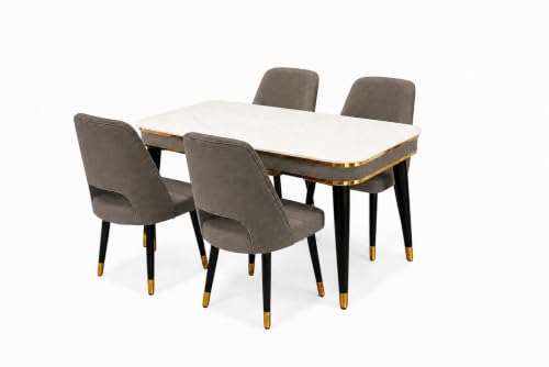 Image of WOODEN SPACE 4 Seater Wooden Dining Table Set | Urban Marble Top Dining Table with Chairs for Dining Room & Kitchen (Modern Vintage Brown) (54 x 36 x 30 inch)