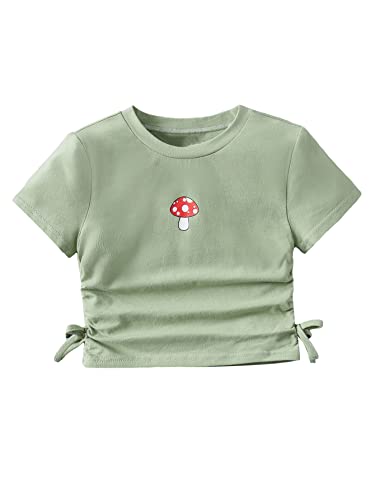Image of SHENHE Girl's Mushroom Print Short Sleev Crop Tops Ruched Drawstring Tee T Shirts