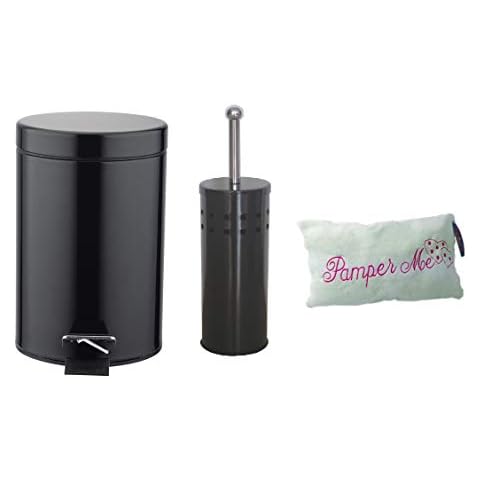 Highlands Premium Bathroom Set - Toilet Brush Holder - 3 LTR Pedal Bin - Bath Pillow (Black) Cover