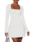 ZESICA Women's 2026 Spring Long Sleeve Bodycon Mini Dress Casual Square Neck Slim Fit Cocktail Party Short Dresses,White,Small