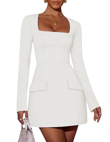 ZESICA Womens 2026 Spring Long Sleeve Bodycon Mini Dress Casual Square Neck Slim Fit Cocktail Party Short Dresses White Small