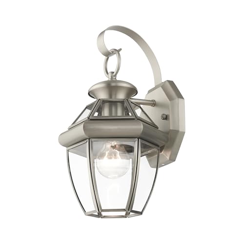 Image of Livex Lighting 2051-91 Monterey 1 Light Outdoor Brushed Nickel Finish Solid Brass Wall Lantern with Clear Beveled Glass | Clear Beveled Glass; Solid brass construction