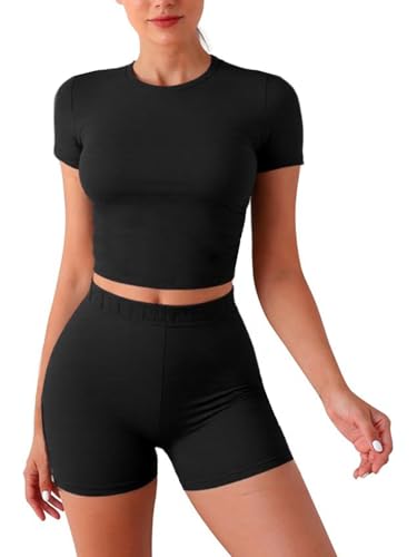 Rayson Chándales para Mujer 2 Piezas Verano Conjunto Deportivo Ocio Slim Fit Top de Manga Corta y Pantalones Cortos(Negro,M)