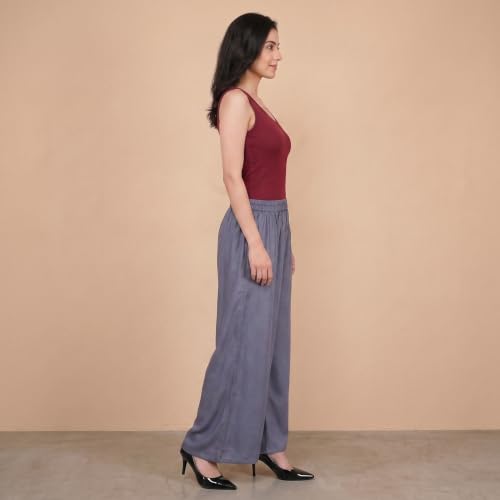 Image of FASHION GALLERY Women's Solid Rayon Palazzo Pants | Relaxed Fit Full Length Wide Leg Palazzo | Elastic Waist Comfortable Casual Lounge Office Ethnic Flared Trousers for Women