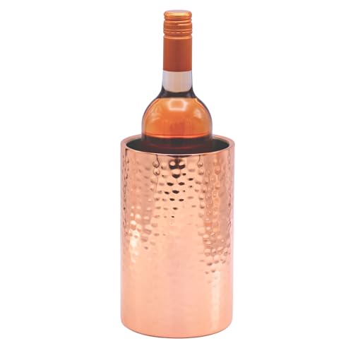 Hammered Rose Gold Single Bottle Wine Chiller - Copper Double-Walled Insulated Wine Cooler - Wine Bucket Chiller for Parties - Insulated Bucket Champagne Chiller, Stylish Bar Cart Accessories