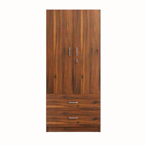 Image of VIKI Wardrobe | Tulum Wardrobe | Wooden Almirah for 2 Door Wardrobe with 2 Drawer & Hanging Space (Brussel Walnut - 40D x 80W x 180.8H) | 1 Year Warranty | Free Assembly