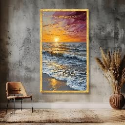 Toile vagues coucher du soleil grand format 80x120cm pour décoration murale côtière de salon