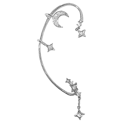 Bramian Crystal Butterfly Crescent Moon Star Wrap Around Earrings Silver without Pierced Ear Clip Bling Earrings Jewelry for Women and Girls (Right ear -Moon) Cover