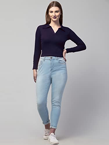 Image of Ribbed Polo Collar Full Sleeves Tops for Women