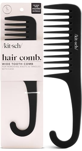 Kitsch Wide Tooth Detangler Comb - Curved Handle for Curly, Wet & Thick Hair, Black Shower Comb for...