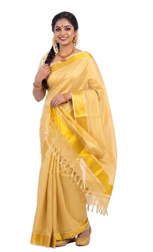 Image of Kerala Traditional Tissue Saree for Women with Running Blouse | South Indian Ethnic Saree for Weddings Onam Vishu Temple Wear & Festivals