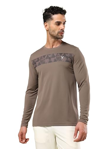 Image of TECHNOSPORT Men Polyester Self Design Chest Print Slim Fit Long Sleeve T-Shirt for Gym, Workout and Regular Use with SPF50+