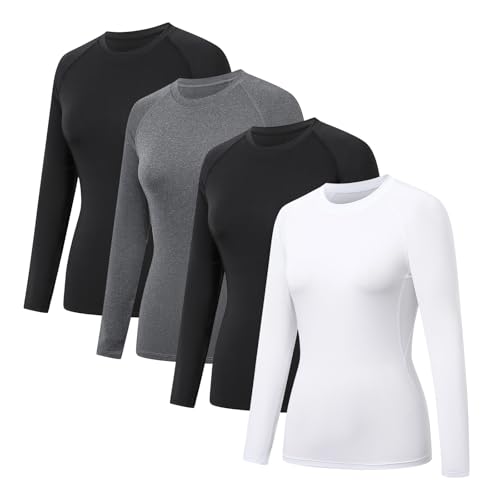 HYCOPROT 4 Pack Camisetas de Compresión para Mujer Manga Larga Ropa Deportiva Secado Rápido Transpirable Top Deportivo Base Shirts para Gimnasio Yoga Running Senderismo Trekking Ciclismo Fitness