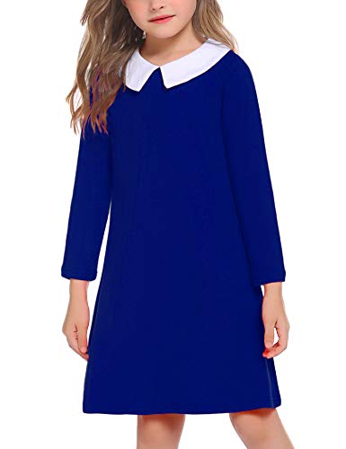 Image of Arshiner Girls Long Sleeve Vintage Peter Pan Collar T-Shirt Dress Age 4-13 Years