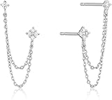 E EMZHOLE Pendientes colgantes, 4 puntas de circonita cúbica redonda con puño de cadena, aretes de plata de ley 925 para mujeres y niñas, cartílago, doble perforación, minimalista, trepador, oruga
