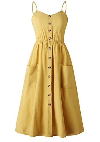 Image of YMING Womens Summer Spaghetti Strap Dresses Button Down Floral Sundress High Waist Swing Midi Dress with Pockets