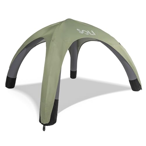 SOLI: Air Canopy 12' - Sage Green - Outdoor & Beach Self-Inflating Sun Tent, Shade Wall, UPF 50+, Pump-Stakes-Ropes, Lightweight & Portable, Backpack