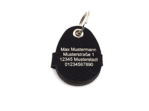 CopterFarm Hundemarkentasche für Hunde am Halsband | mit Gravur, Druckknopf | Kunstleder, Echtleder | Hundemarke | individuell beidseitig graviert (Schwarz, Oval)