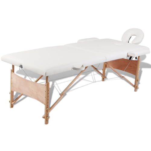 aphrophina Foldable 2-Zone Massage Table with Wooden Frame for Professionals and Amateurs, Cream White