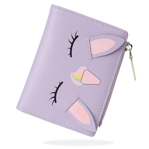 Image of CONISY Cute Wallets for Women, Leather Bifold Small Wallet with Zipper Coin Purse, RFID Blocking Wallet for Girls and Ladies, Unicorn Purple, 4.52 x 3.54 x 0.59 inches, Moden