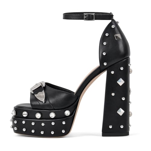 sexytag Women’s Platform High Heels Rivet Studded Western Buckle Ankle Strap Rhinestone Chunky Block Heel Open Toe Strappy Heels Sandals Gothic Punk Style Black Size 10