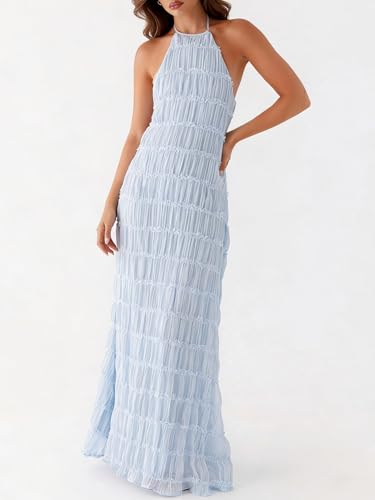 Image of Yiulangde Women's Backless Smocked Maxi Dress Sexy Spaghetti Strap Cut Out Flowy Beach Long Dress Vacation Casual Sundresses